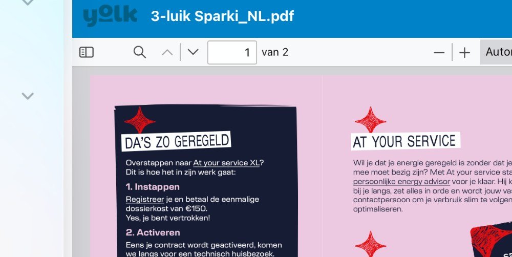 Aangeleverde Sparki-flyer met At Your Service en Charge & Go